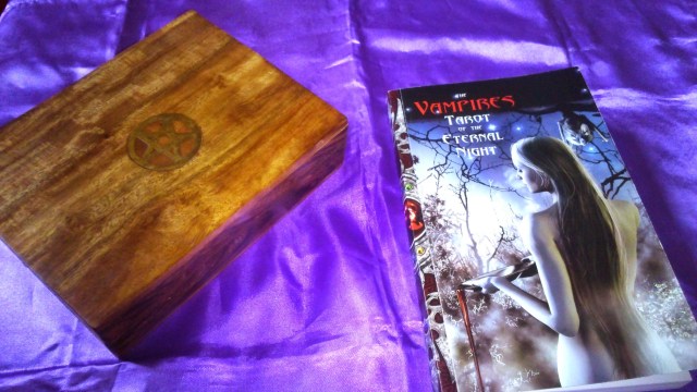 Vampires of the Eternal Night Tarot Card book and wooden Tarot card box with a pentagram inscribed in the lid belonging to Catherine Green of SpookyMrsGreen.com pagan lifestyle blog.
