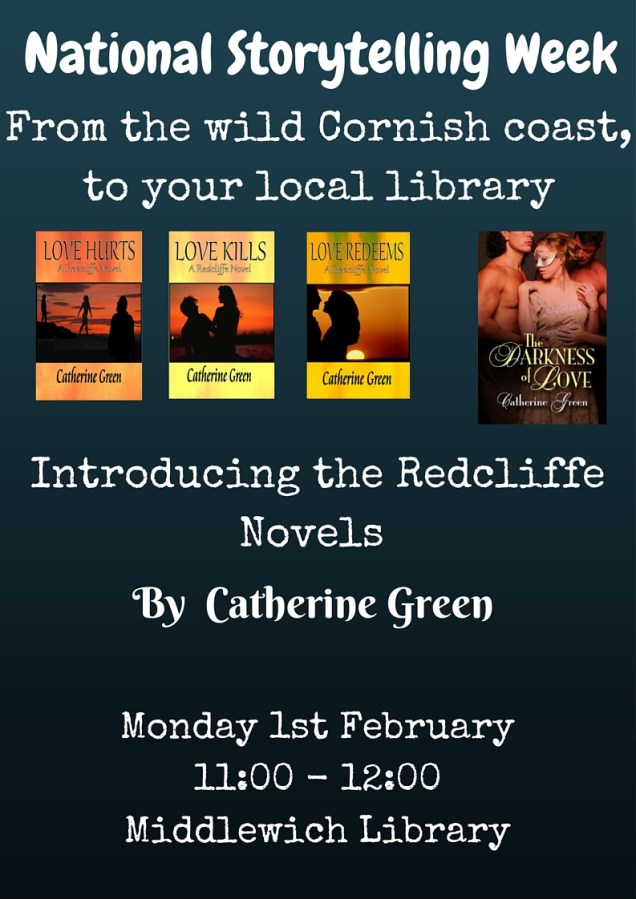 National Storytelling Week - "From the wild Cornish coast, to your local library: Introducing the Redcliffe Novels by Catherine Green" poster shared on SpookyMrsGreen.com mindful parenting and modern pagan lifestyle blog.