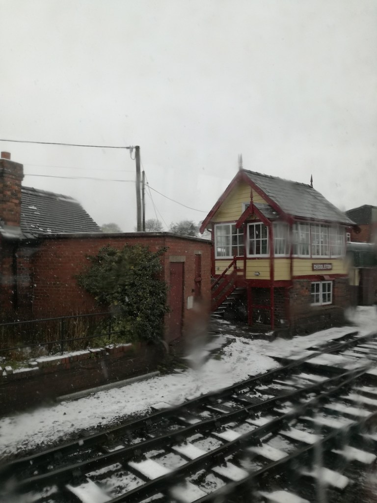 Image of traditional railway station house and signal box. #MummyMonday View from the train at Churnet Valley Railway in December by SpookyMrsGreen.com mindful parenting and modern pagan lifestyle blog.