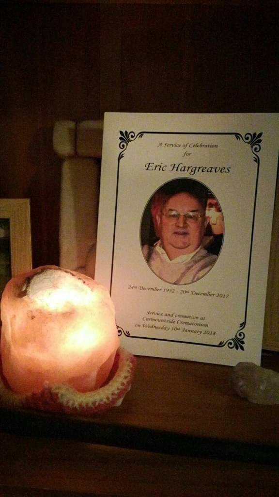 #WitchyWednesday Photo of a pink rock salt tealight candle holder with candle flame, and a photo of Eric Hargreaves, late grandfather of Catherine Green from SpookyMrsGreen.com. Copyright Catherine Green.