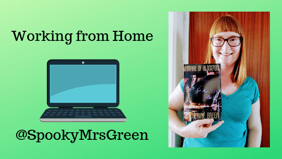 Image of LGBT fantasy book writer Catherine Green holding her novel "Vampire of Blackpool." Text reads, "Working from home @SpookyMrsGreen." SpookyMrsGreen.com mindful parenting and modern pagan lifestyle blog.