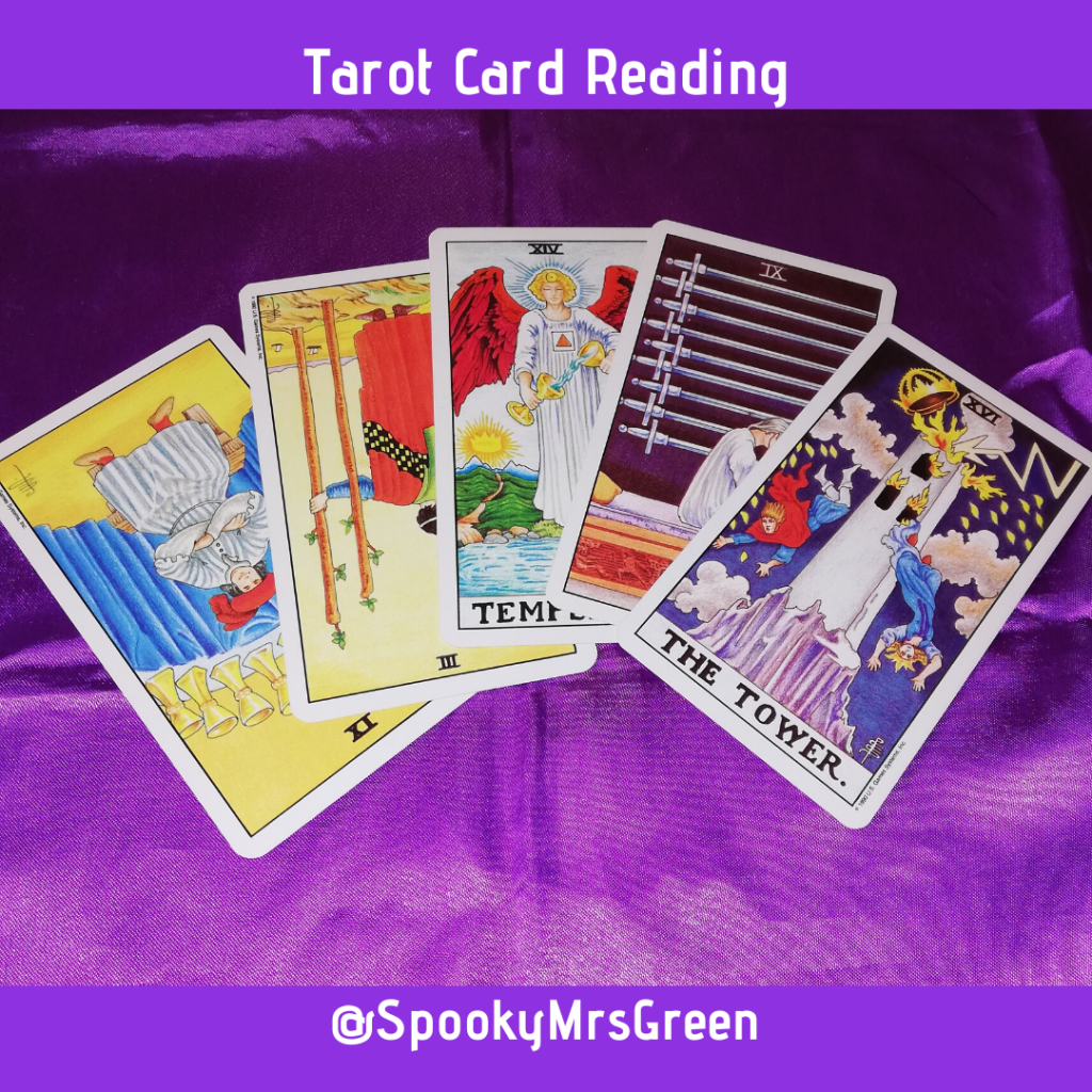 Image of Universal Waite-Smith Tarot cards on a purple cloth. Text reads "Tarot card reading @SpookyMrsGreen." Daily Tarot reading with Rider Waite-Smith Tarot card deck owned by professional Tarot reader Catherine Green of SpookyMrsGreen.com pagan lifestyle blog.