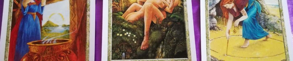 Image of Druid Craft Tarot cards on a purple cloth. Text reads "Druid Craft Tarot Reading @SpookyMrsGreen." Druid Craft Tarot Reading by professional Tarot reader Catherine Green of SpookyMrsGreen.com pagan lifestyle blog.