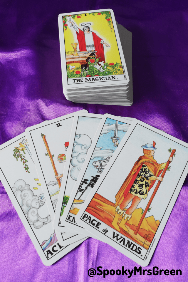 Image of Universal Waite-Smith Tarot card deck owned by professional Tarot reader Catherine Green of SpookyMrsGreen.com pagan lifestyle blog. Text reads "@SpookyMrsGreen."