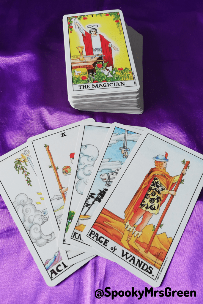 Image of Universal Waite-Smith Tarot card deck owned by professional Tarot reader Catherine Green of SpookyMrsGreen.com pagan lifestyle blog. Text reads "@SpookyMrsGreen."