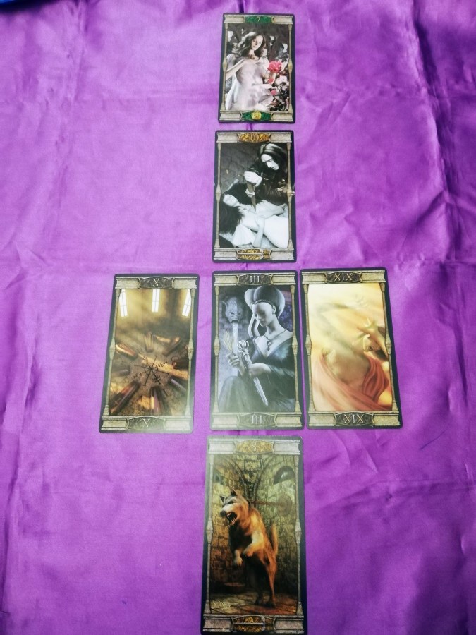 Image of Vampires Tarot of the Eternal Night Tarot cards on a purple cloth. Tarot Reading for New Year by professional Tarot reader Catherine Green of SpookyMrsGreen.com pagan lifestyle blog.
