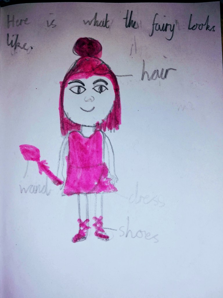 Image of the pink fairy from #ShortStory: "The Pink Fairy and the Litter Dropping Man" by Elliot Green (age 9) at SpookyMrsGreen.com mindful parenting and modern pagan lifestyle blog. 👻