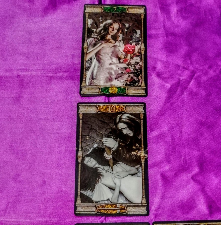 Vampires Tarot of the Eternal Night Tarot cards Tarot card reading on purple cloth SpookyMrsGreen.com pagan lifestyle blog.