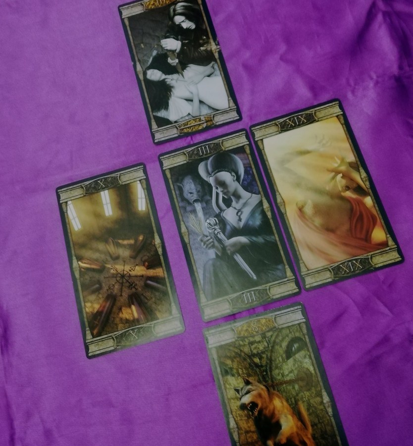 Vampires Tarot of the Eternal Night Tarot cards Tarot card reading on purple cloth SpookyMrsGreen.com pagan lifestyle blog.