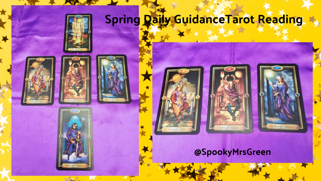 Image of Gilded Tarot cards on a purple cloth. Yellow background with gold stars. Text reads "Spring Daily Guidance Tarot Reading @SpookyMrsGreen." Spring Daily Guidance Tarot Reading by professional Tarot reader Catherine Green of SpookyMrsGreen.com pagan lifestyle blog.