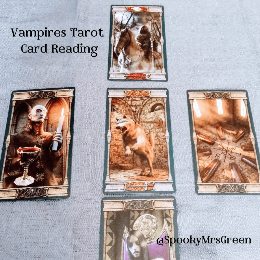 Image of Vampires Tarot of the Eternal Night Tarot cards on a grey cloth. Text reads "Vampires Tarot Card Reading @SpookyMrsGreen." Vampires Tarot Card Reading by professional Tarot reader Catherine Green of SpookyMrsGreen.com pagan lifestyle blog.