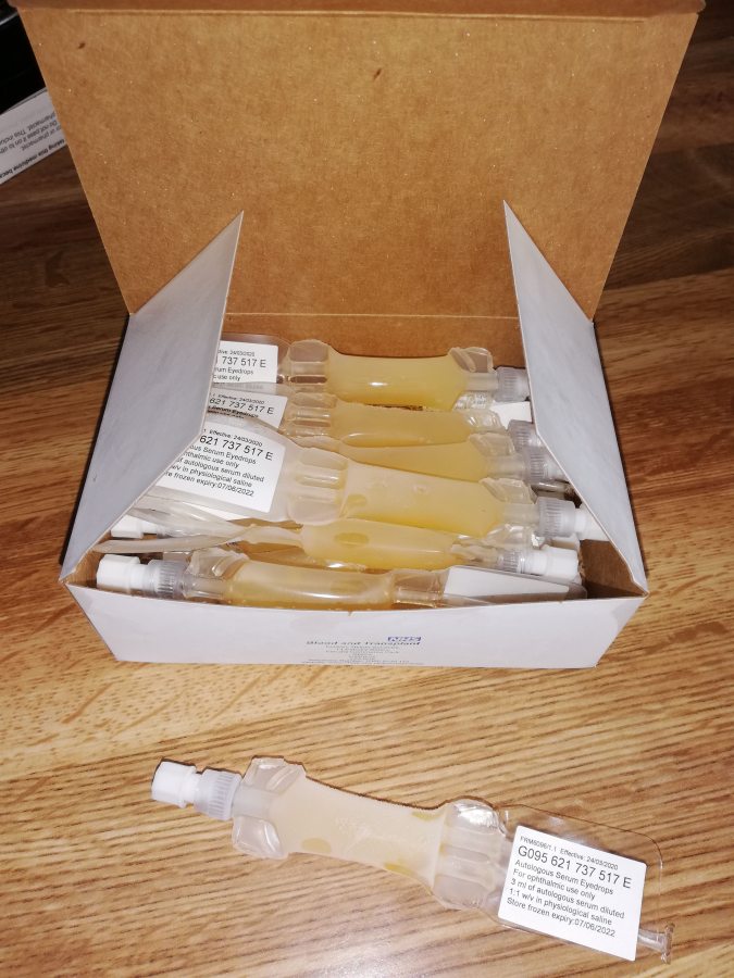 Autologous Serum Eyedrops made by NHS Blood and Donor using donated blood. Copyright Catherine Green of SpookyMrsGreen.com mindful parenting and modern pagan lifestyle blog.