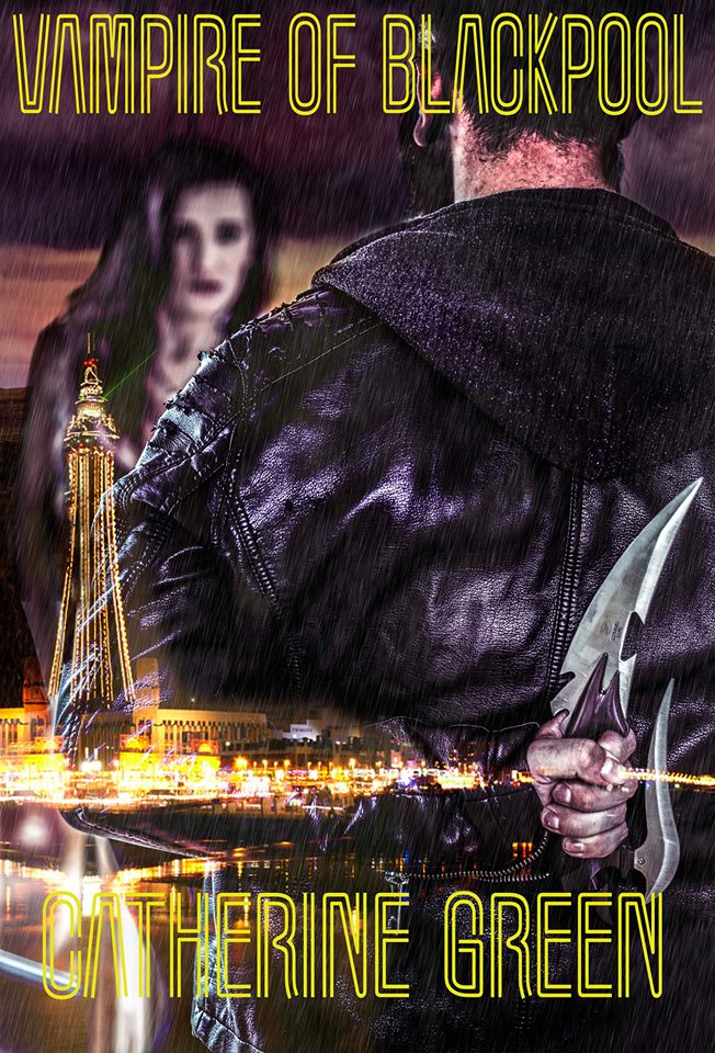Image of a female vampire facing a vampire hunter man who has his back to the viewer and is holding a knife behind his back. You can see Blackpool Tower and Blackpool Illuminations in the foreground. Book cover for Vampire of Blackpool fantasy book by LGBT fantasy book writer Catherine Green.