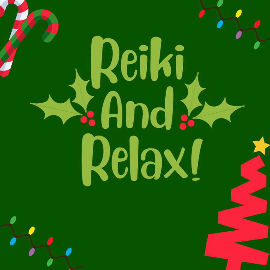 Green background with graphic of Christmas tree, candycanes, Christmas lights, holly and red berries. Text reads "Reiki and Relax"