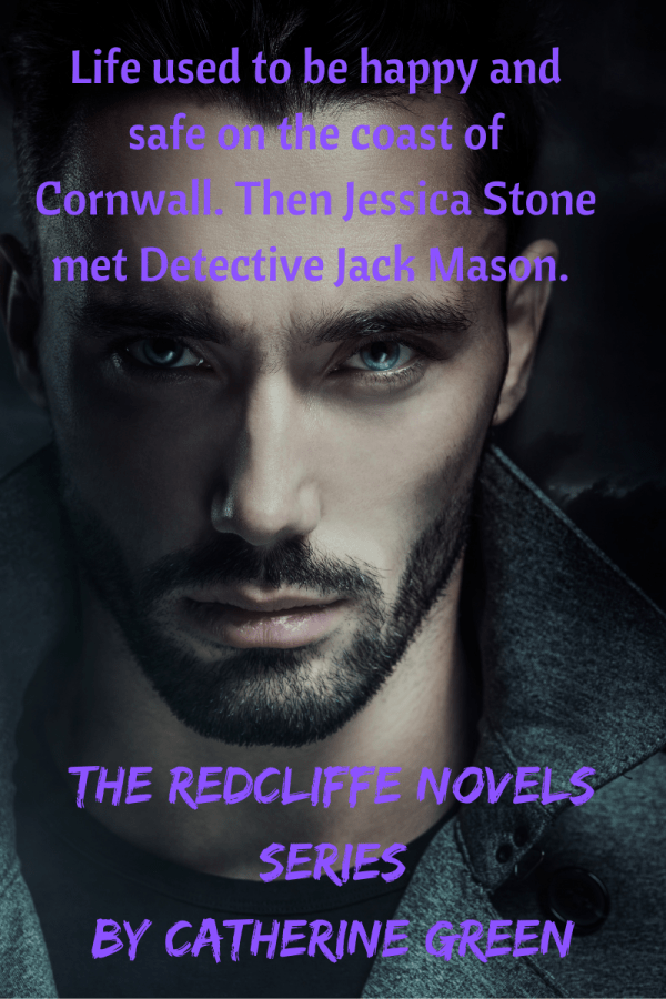 Black background with close-up image of a sexy man staring at the viewer with a sultry gaze. Is he a vampire or a werewolf? Text reads "Life used to be happy and safe on the coast of Cornwall. Then Jessica Stone met Detective Jack Mason." The Redcliffe Novels LGBT Fantasy Book Series for Adults by Catherine Green.