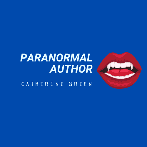Blue background with red lips and white vampire fangs. Text reads "Paranormal Author Catherine Green." LGBT Fantasy Book Writer of werewolf fiction, vampire stories, and polyamory lifestyle themes.