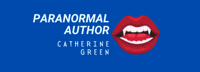Blue background, red lips with white vampire fangs. Text reads "Paranormal Author Catherine Green." LGBT Fantasy Book Writer of werewolf fiction, vampire stories, and polyamory lifestyle themes.