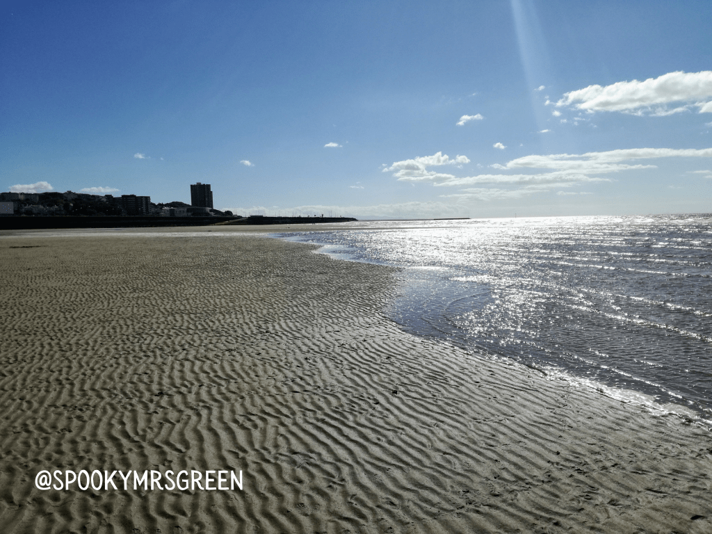 #MummyMonday Image of New Brighton Beach on the Wirral, Northern England for Dog Friendly Beaches in the UK by SpookyMrsGreen.com mindful parenting and modern pagan lifestyle blog.