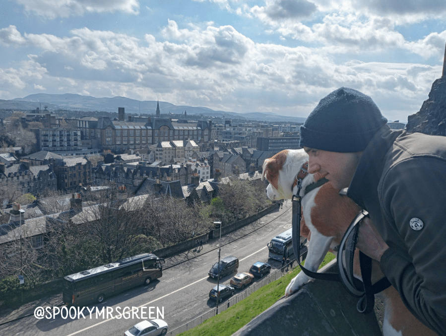 View from Edinburgh Castle with Marley and Daddy family holiday featured at SpookyMrsGreen.com mindful parenting and modern pagan lifestyle blog.
