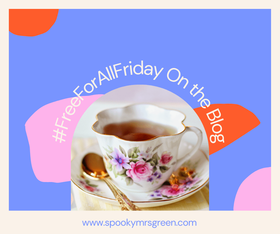 Image of a teacup and saucer with abstract background in blue, pink and red. Text reads #FreeForAllFriday on the blog for SpookyMrsGreen.com pagan lifestyle blog.