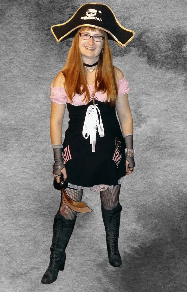 Vampire writer Catherine Green dressed as a pirate for Halloween at SpookyMrsGreen.com mindful parenting and modern pagan lifestyle blog.