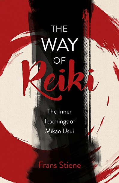 Red, cream and black abstract background in Japanese art style. Book cover image for "The Way of Reiki: The Inner Teachings of Mikao Usui" by Frans Stiene