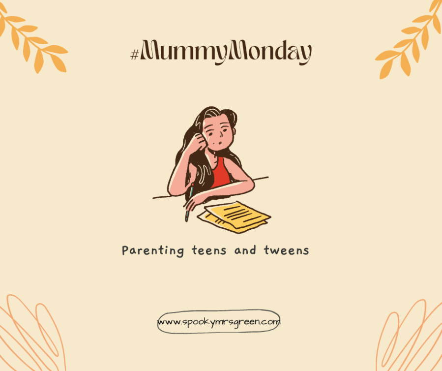 Cartoon image of a teenager with the text "#MummyMonday parenting teens and tweens www.spookymrsgreen.com" on a beige background with abstract graphics in orange colour. Parenting blog, tips and advice for families at SpookyMrsGreen.com mindful parenting and modern pagan lifestyle blog.