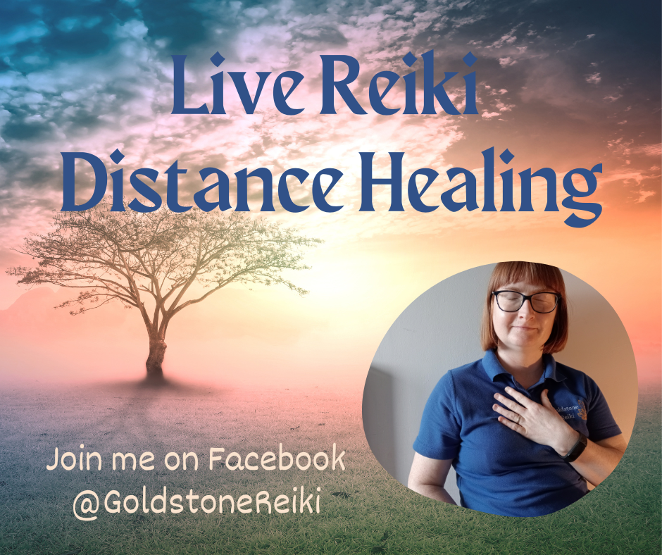 Image of Catherine Green from Goldstone Reiki performing self-healing meditation, an image of a tree and a sky with sun and clouds in soothing colours of yellow, orange and pink. Text reads: "Live Reiki Distance Healing Join me on Facebook @Goldstone Reiki"