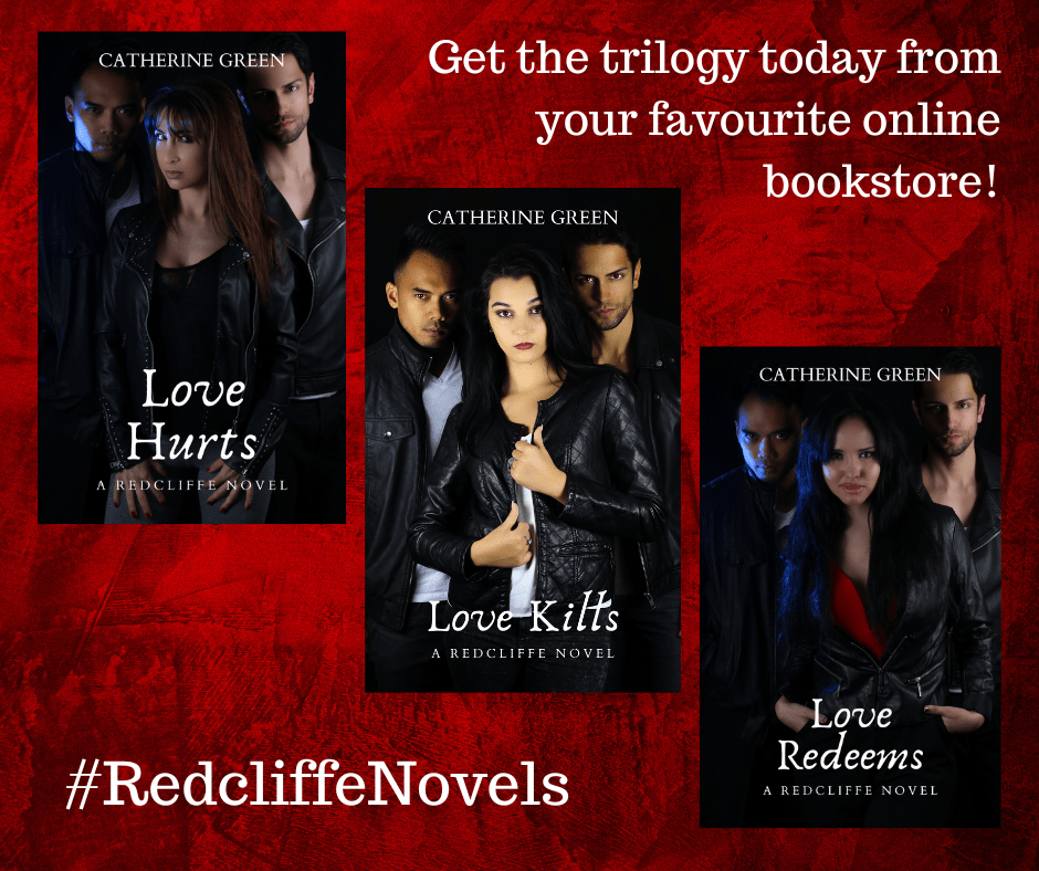 Red background with book cover images for #RedcliffeNovels LGBT fantasy book series by LGBT fantasy book writer Catherine Green.