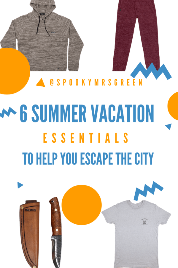 Photo of eco friendly clothes from Coalatree, a utility knife, and the text "6 Summer Vacation Essentials to Help You Escape the City" @SpookyMrsGreen