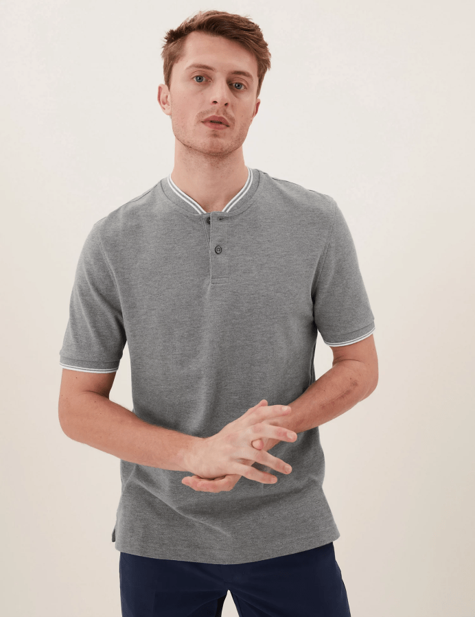 Man wearing a grey polo shirt. M&S Polo Shirt Offers. Affiliated with SpookyMrsGreen.com pagan lifestyle blog.