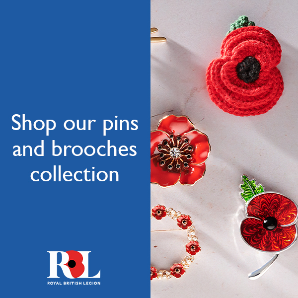 Image of Poppy Brooches Collection at the Poppy Shop for Royal British Legion. Text reads "Shop our pins and brooches collection" with RBL charity logo.