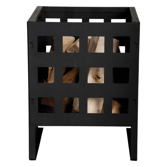 Firebasket Square from English Heritage Shop. Black metal basket to store firewood for garden fire or fire pit.