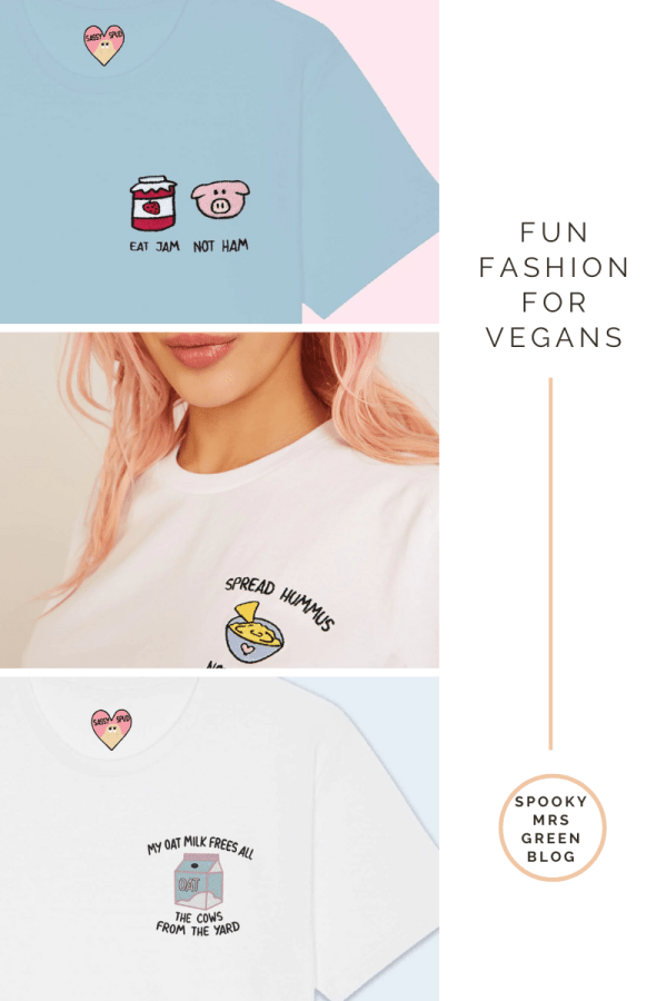 Image of fun T-shirt designs from Sassyspud eco friendly fashion. Text reads "Fun Fashion for Vegans" article for Sassyspud affiliated with SpookyMrsGreen.com pagan lifestyle blog.