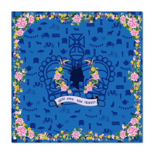 Blue scarf with pink roses and the royal crown image. Queen Elizabeth II Silk Square Scarf from English Heritage Shop