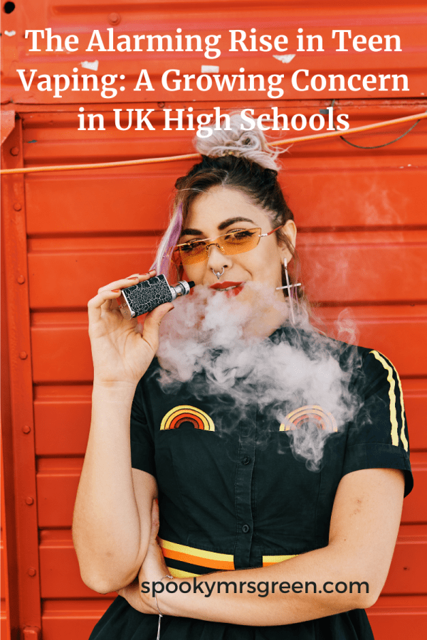 Image of a young woman vaping. Text reads "The Alarming Rise in Teen Vaping A Growing Concern in UK High Schools" #MummyMonday article at SpookyMrsGreen.com pagan lifestyle blog.
