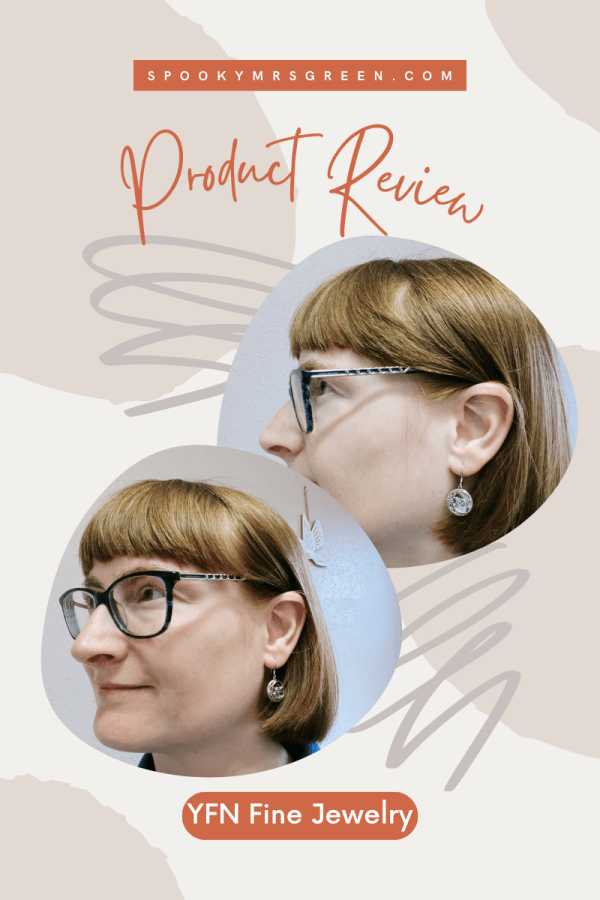 Image of LGBT fantasy book writer Catherine Green wearing The Witch Earrings from YFN Jewelry. #ProductReview YFN Fine Jewelry reviewed by Catherine Green at SpookyMrsGreen.com mindful parenting and modern pagan lifestyle blog.