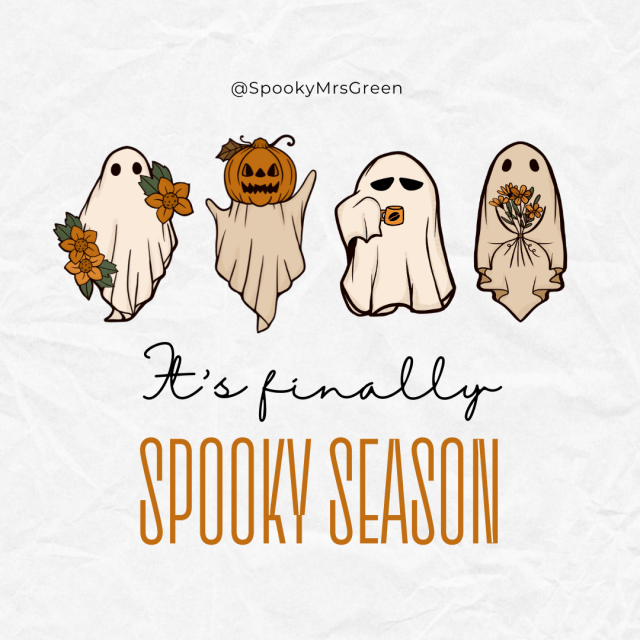 Images of cute ghosts and pumpkin head ghost. It's Finally Spooky Season! Counting down to Halloween/Samhain with SpookyMrsGreen.com mindful parenting and modern pagan lifestyle blog.