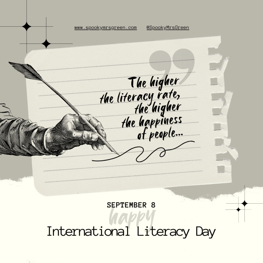 Text reads, "The higher the literacy rate, the higher the happiness of people..." Image of a hand writing with a feather quill pen. International Literacy Day with SpookyMrsGreen.com mindful parenting and modern pagan lifestyle blog.