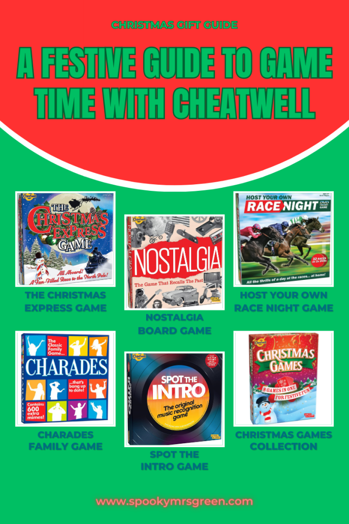 Red and green background with images of board games from Cheatwell Games. Text reads "Christmas Gift Guide: A Festive Guide to Game Time with Cheatwell." A Festive Guide to Game Time with Cheatwell at SpookyMrsGreen.com mindful parenting and modern pagan lifestyle blog.