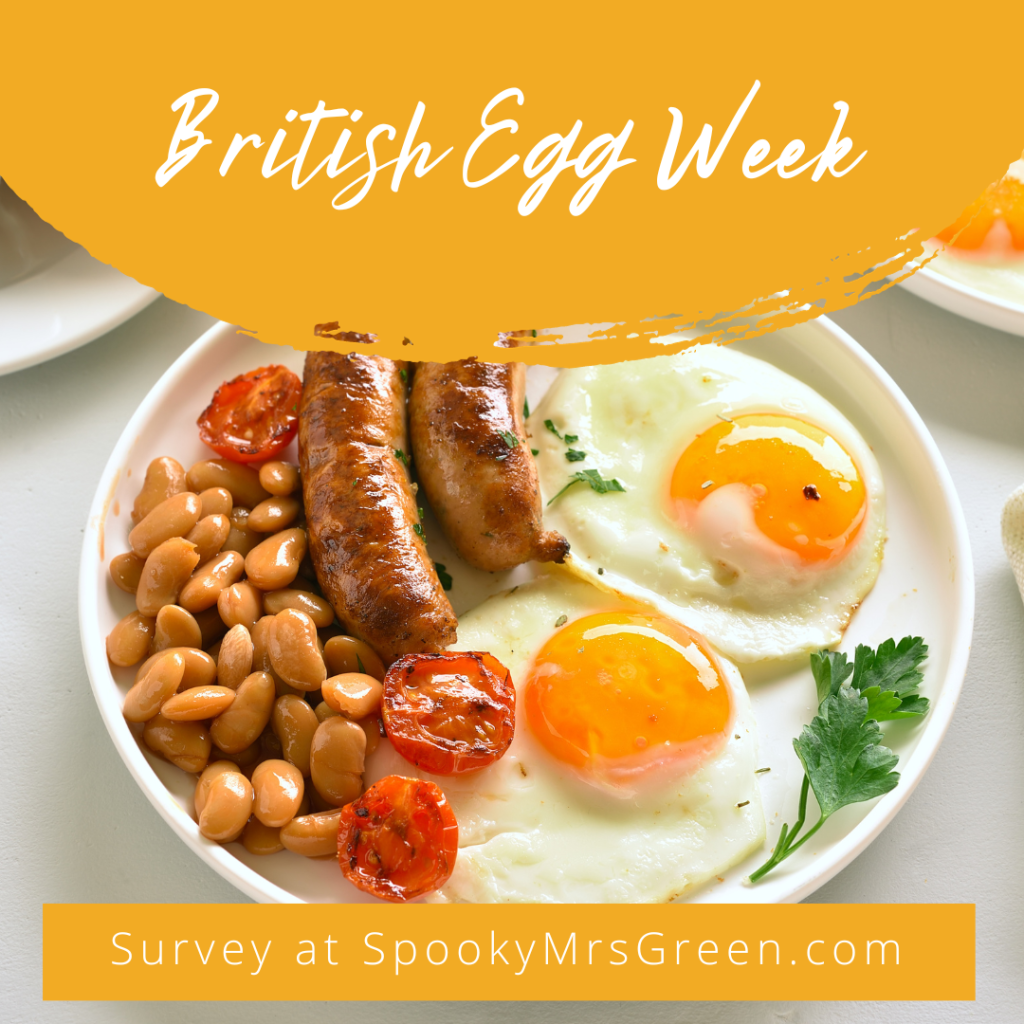 Image of a white plate with eggs, sausage, baked beans and fried tomatoes. English breakfast. British Egg Week Survey conducted by British Lion eggs for British Egg week in collaboration with SpookyMrsGreen.com mindful parenting and modern pagan lifestyle blog.