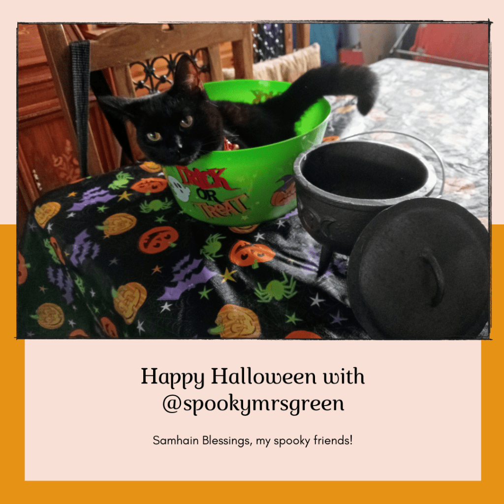 Image of a black cat sitting in a green Trick or Treat bowl on a tablecloth printed with colourful pumpkins, bats and spiders. There is a black cauldron on the table. Text reads, “Happy Halloween with @SpookyMrsGreen. Samhain blessings, my spooky friends!” SpookyMrsGreen.com mindful parenting and modern pagan lifestyle blog.