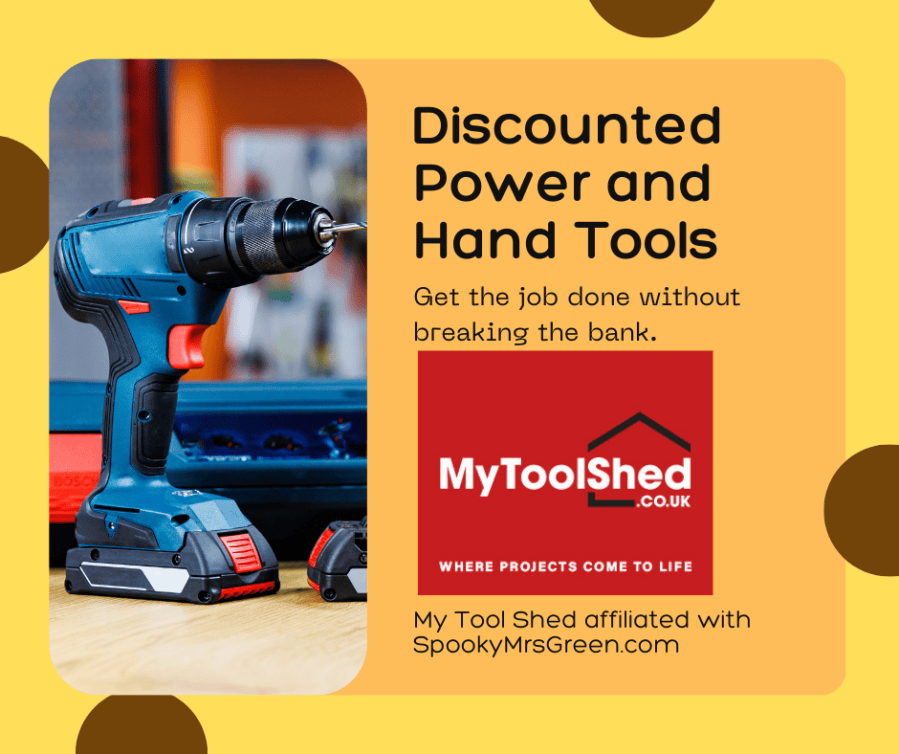 Yellow and orange background with image of a drill power tool and My Tool Shed logo. Text reads "Discounted power and hand tools. Get the job done without breaking the bank." My Tool Shed affiliated with SpookyMrsGreen.com mindful parenting and modern pagan lifestyle blog.