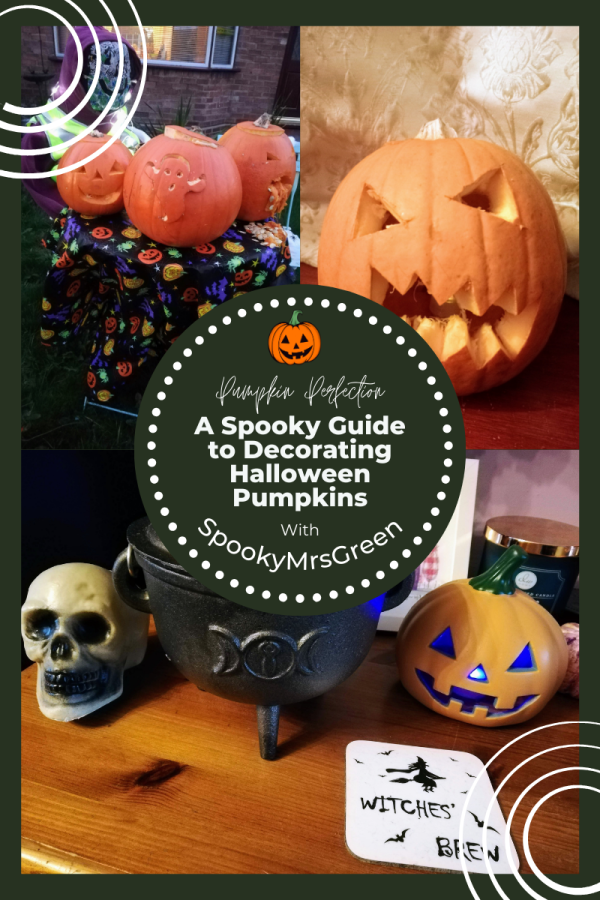 Black background with images of pumpkins and Jack O' Lanterns decorated for Halloween. Text reads, "Pumpkin Perfection A Spooky Guide to Decorating Halloween Pumpkins with SpookyMrsGreen." Get the best tips for how to decorate your pumpkins plus exclusive offers on pumpkin paint from Rust-Oleum affiliated with SpookyMrsGreen.com mindful parenting and modern pagan lifestyle blog.