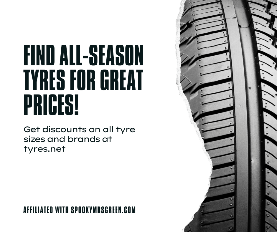 White background with image of a vehicle tyre. Text reads “Find all-season tyres for great prices! Get discounts on all tyre sizes and brands at Tyres.net affiliated with SpookyMrsGreen.com” mindful parenting and modern pagan lifestyle blog.