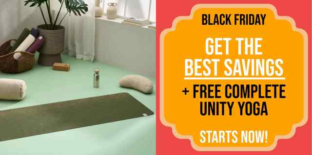 Relaxing image of a yoga mat on a green floor in a meditation room. Bright red and orange text box. Text reads, "Black Friday get the best savings plus FREE Complete Unity Yoga. Starts now!" Complete Unity Yoga Black Friday sale affiliated with SpookyMrsGreen.com mindful parenting and modern pagan lifestyle blog.