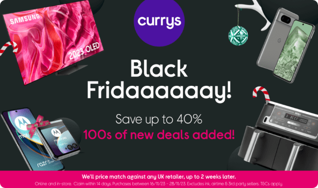 Photo of Samsung 2023 OLED TV, Google Pixel phone, Motorola phone and tablet, Ninja air fryer. Candy canes and Christmas bauble. Text reads, “Currys Black Fridaaaaaay! Save up to 40 per cent. 100s of new deals added. We’ll price match against any UK retailer up to two weeks later.” Currys Black Friday sale affiliated with SpookyMrsGreen.com mindful parenting and modern pagan lifestyle blog.