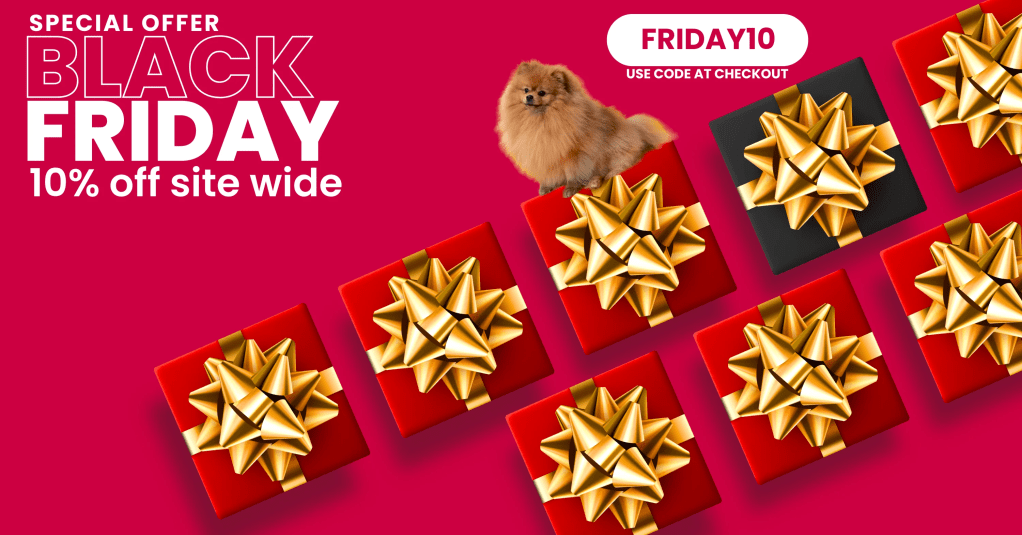 Red background with image of gift-wrapped presents and a small Pomeranian dog sitting on a gift. Text reads, “Special Offer Black Friday ten per cent off site wide. FRIDAY10 use code at checkout.” Doggie Solutions affiliated with SpookyMrsGreen.com mindful parenting and modern pagan lifestyle blog.