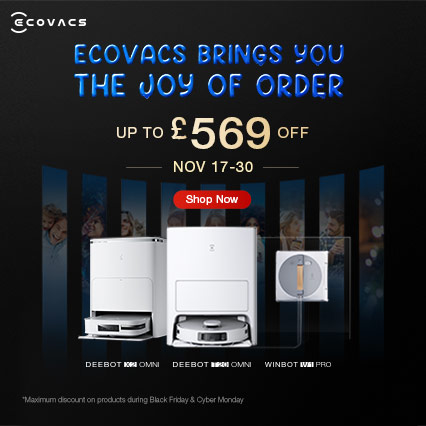 Image of Ecovacs Deebot Omni, Ecovacs Winbot Pro robot vacuum cleaners. Text reads, “Ecovacs brings you the joy of order up to £569 off Nov 17-30. Shop now.” Ecovacs Black Friday deals affiliated with SpookyMrsGreen.com mindful parenting and modern pagan lifestyle blog.