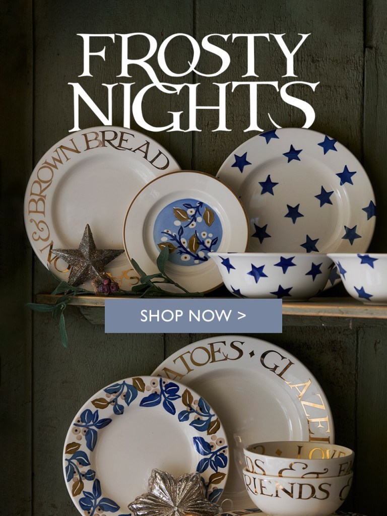 Image of Emma Bridgewater Frosty Nights Snowberry Collection. Text reads, “Frosty Nights. Shop now.” Emma Bridgewater affiliated with SpookyMrsGreen.com mindful parenting and modern pagan lifestyle blog.